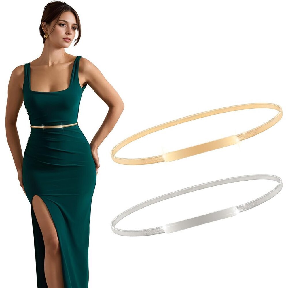 Women Skinny Metal Chain Waist Belt Stretchy Cinch Dress Accessory Gold Silver